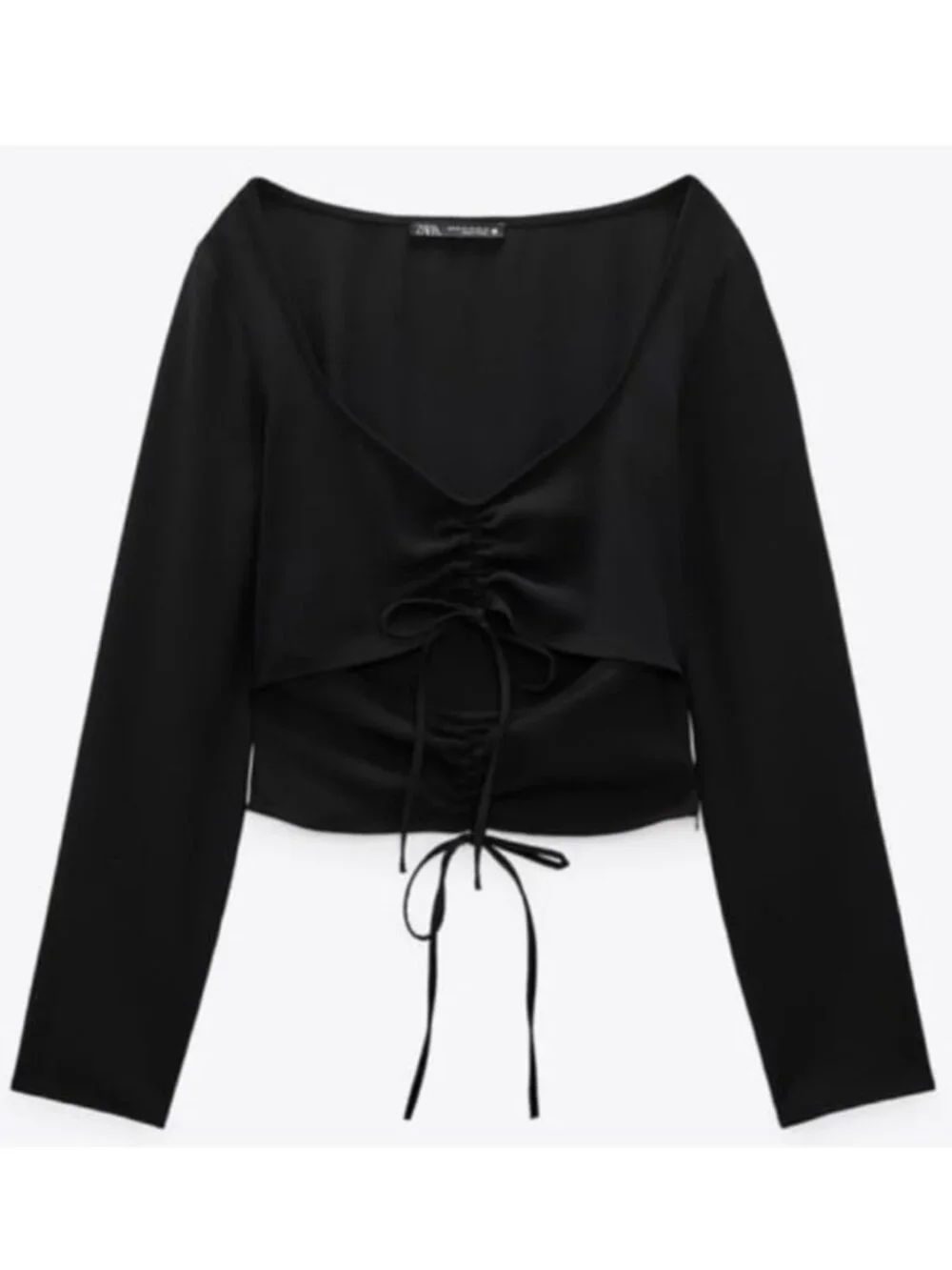 ZARA Ruched Cut Out Long Sleeve Black Top Blouse Size Small